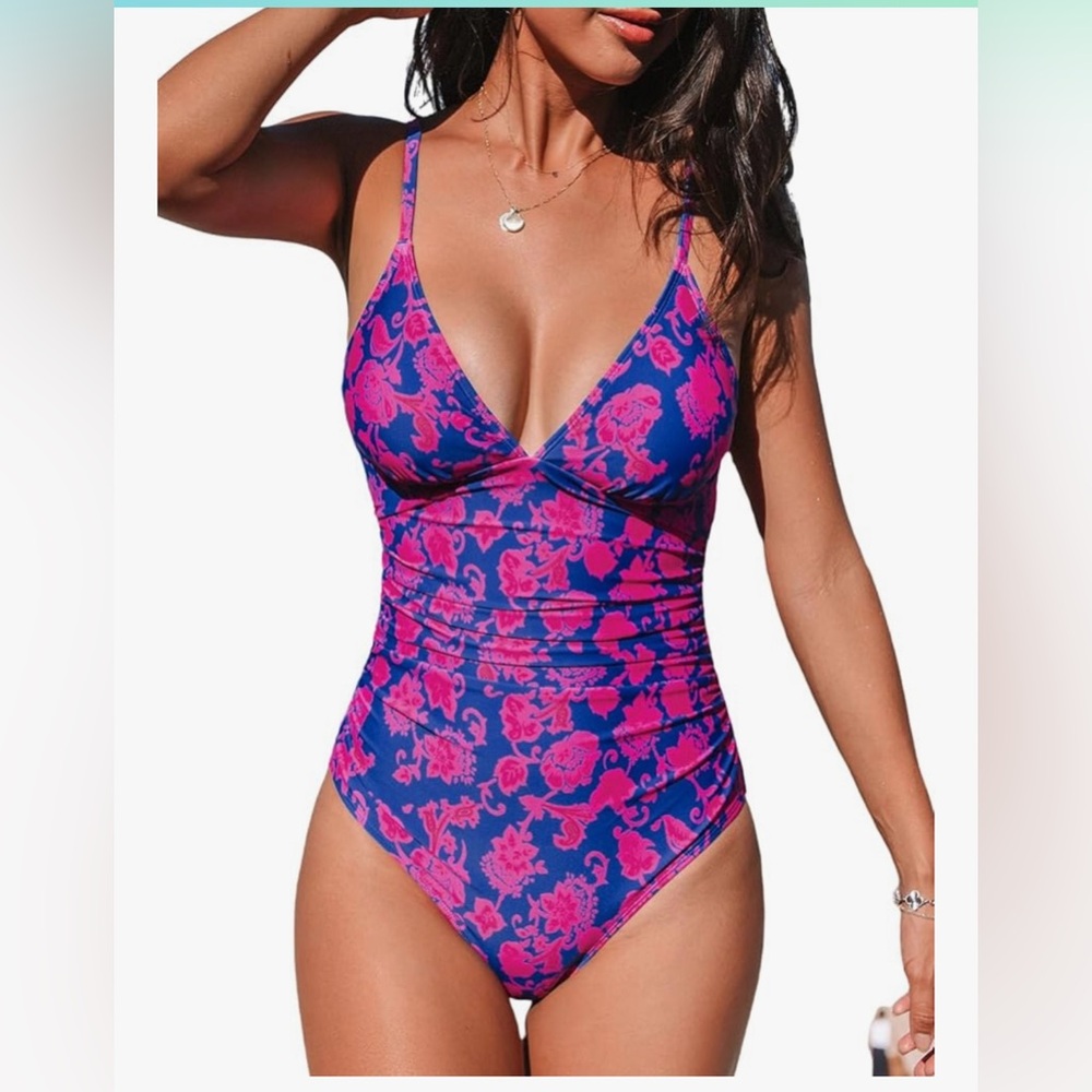 Cupshe Pink and Blue Floral One-Piece Swimsuit